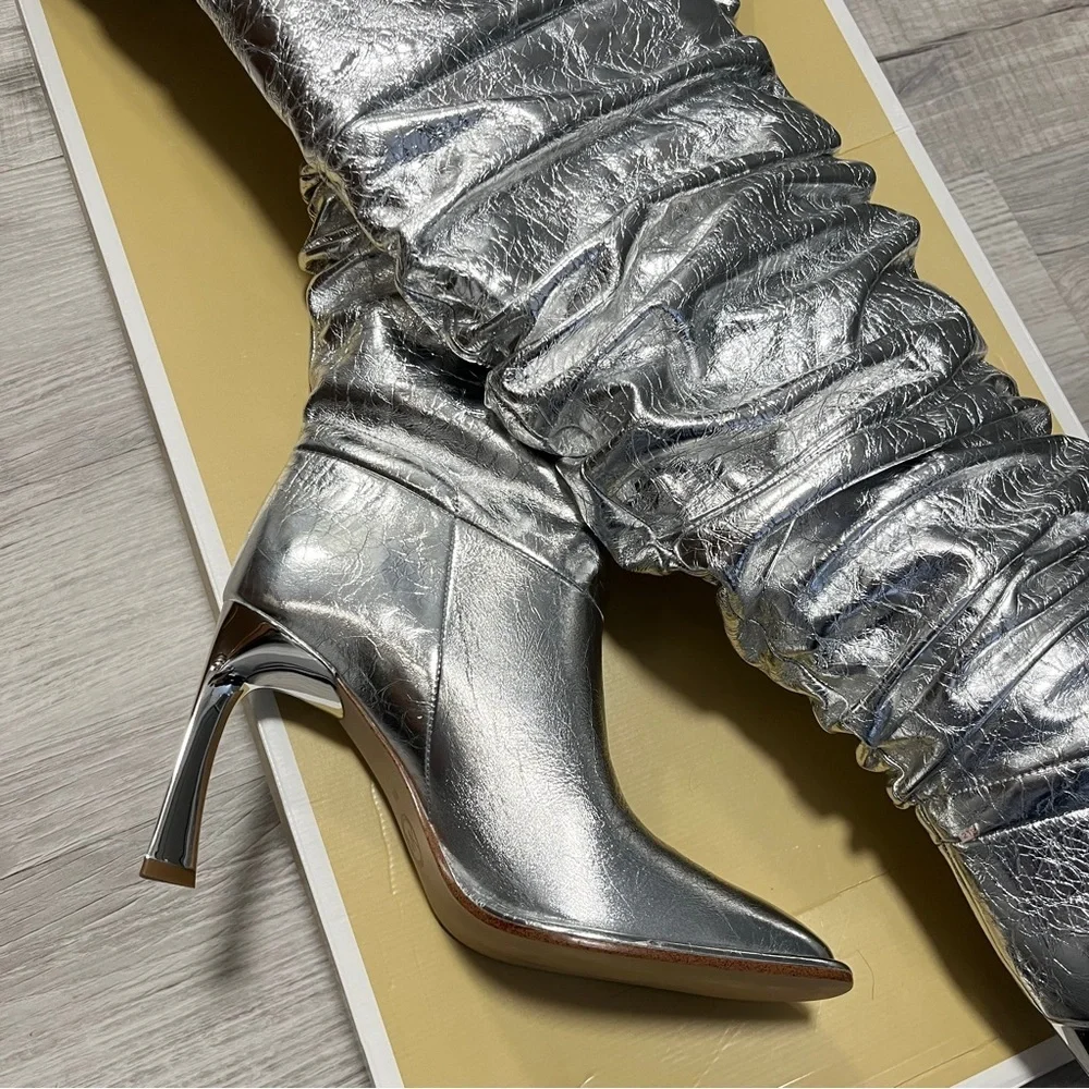 Michael Kors Kelsea Silver Leather Metallic Crush Slouchy Thigh High Boot 8 - Picture 10 of 11
